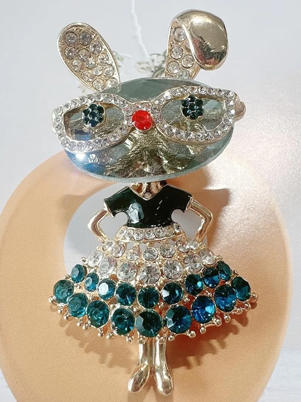 Gold Bunny Pin with Teal, Clear & Red Accents